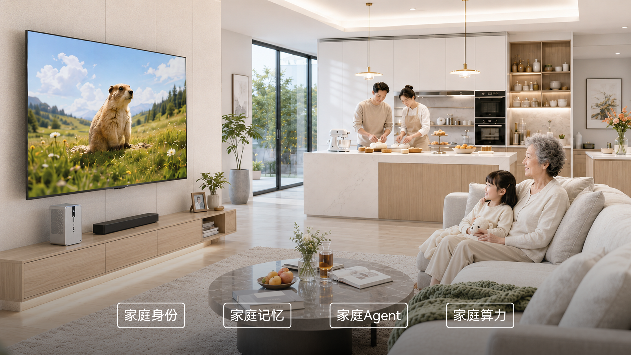 家庭成员在客厅与厨房中自然生活，画面展示家庭身份、家庭记忆、家庭 Agent 与家庭算力四项能力